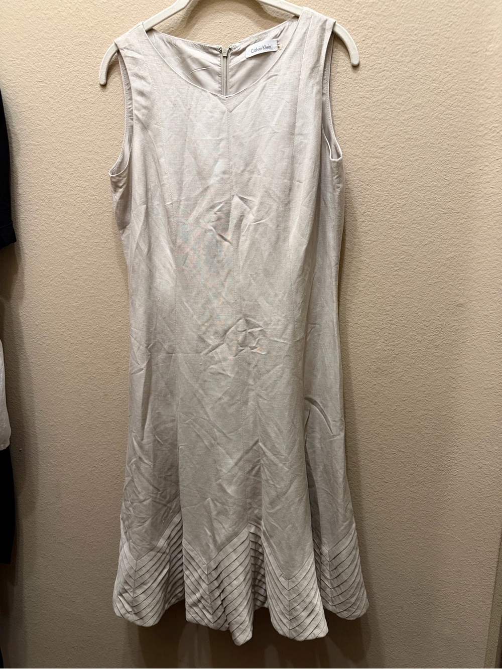 Calvin Klein Light Beige Sleeveless Midi Dress with Pleated Hem